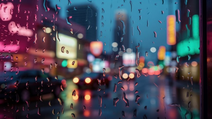 城市夜晚窗户上的雨滴壁纸