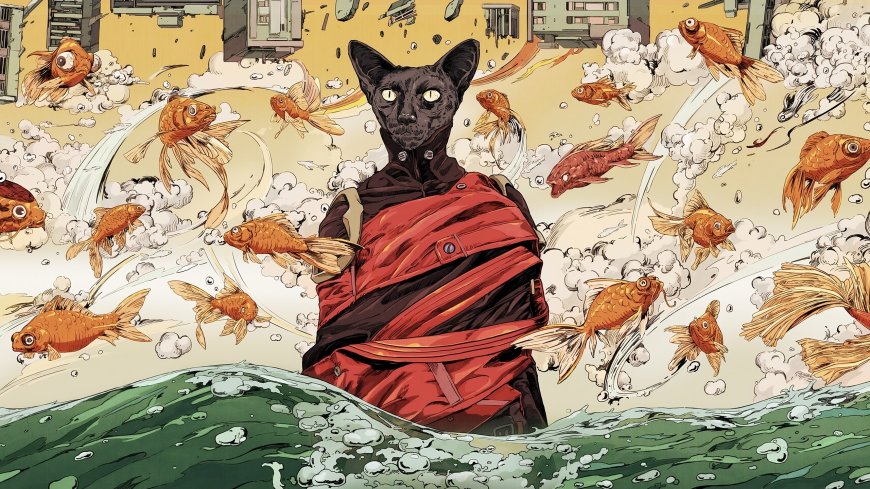 猫 鱼 海浪 艺术插图壁纸