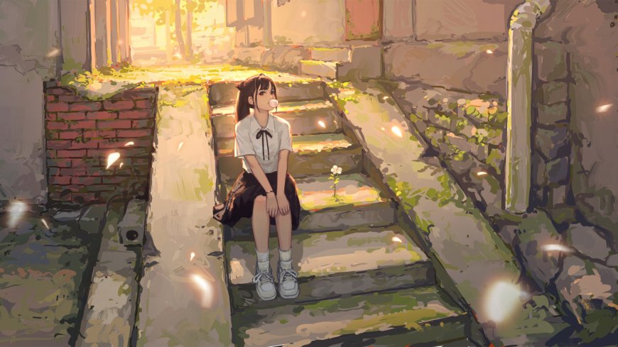 女孩坐在小巷台阶上小花 动漫壁纸