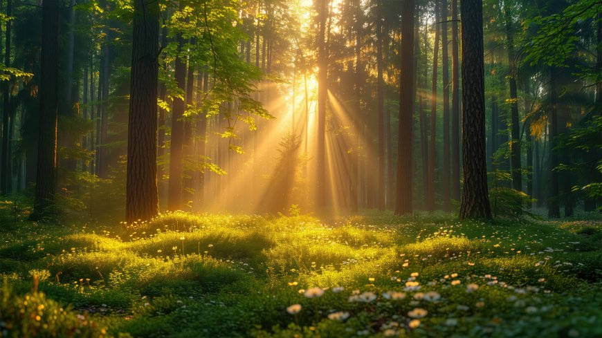 森林里的早晨 太阳 春天风景壁纸