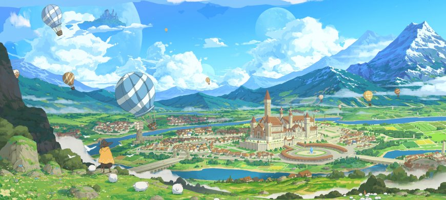 山-云- 热气球-城堡-城市景观 治愈插画壁纸