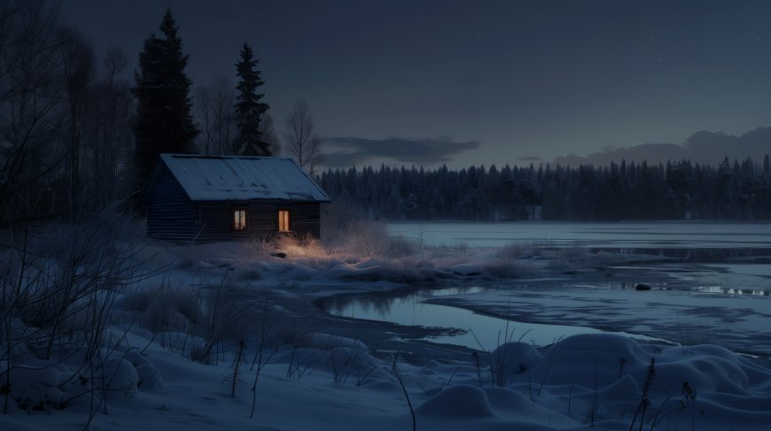 冬天 雪 夜晚 小屋 湖 树木