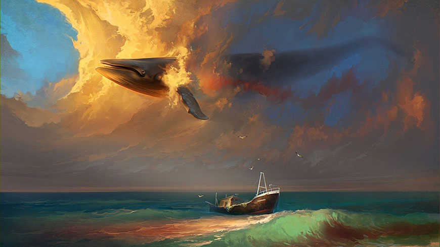 大海与飞在空中的鲸鱼漫画绘画壁纸