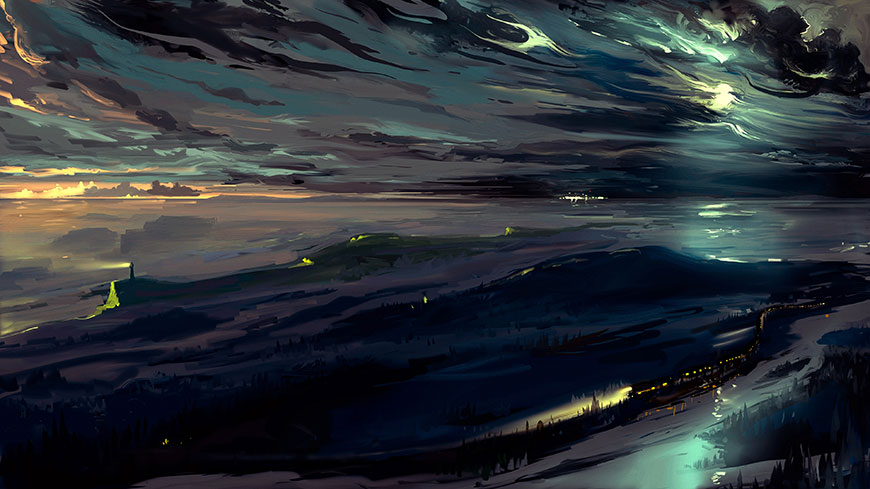 海边小镇抽象画夜空印象派4K高清壁纸