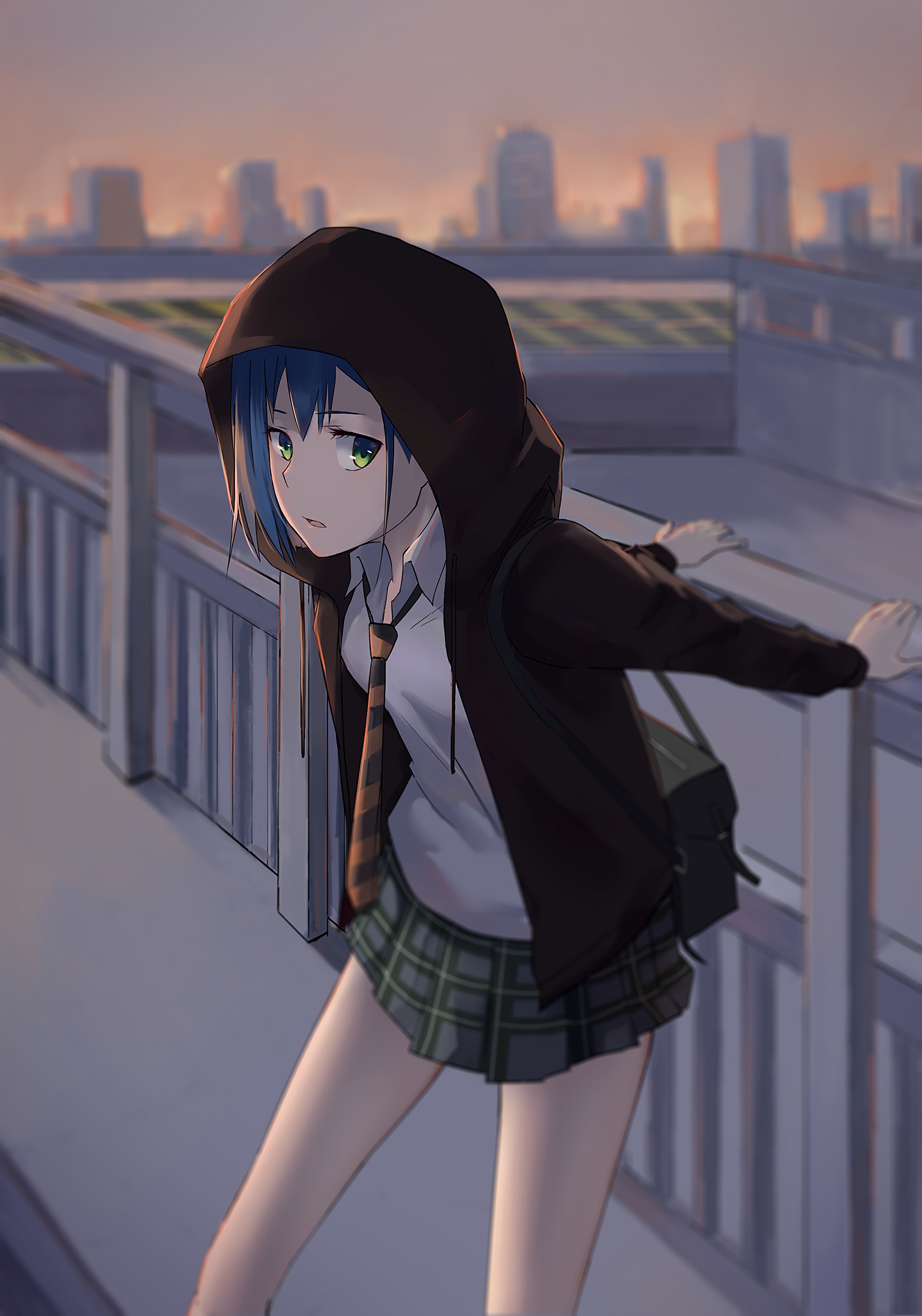 蓝发少女天台倚栏黄昏城市背景插画动漫手机壁纸