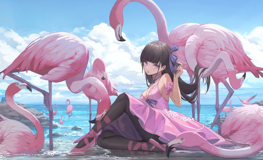 粉色火烈鸟 蝴蝶结小女孩动漫壁纸