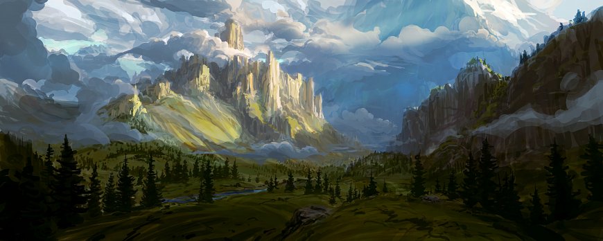 手绘山水森林风景图片壁纸