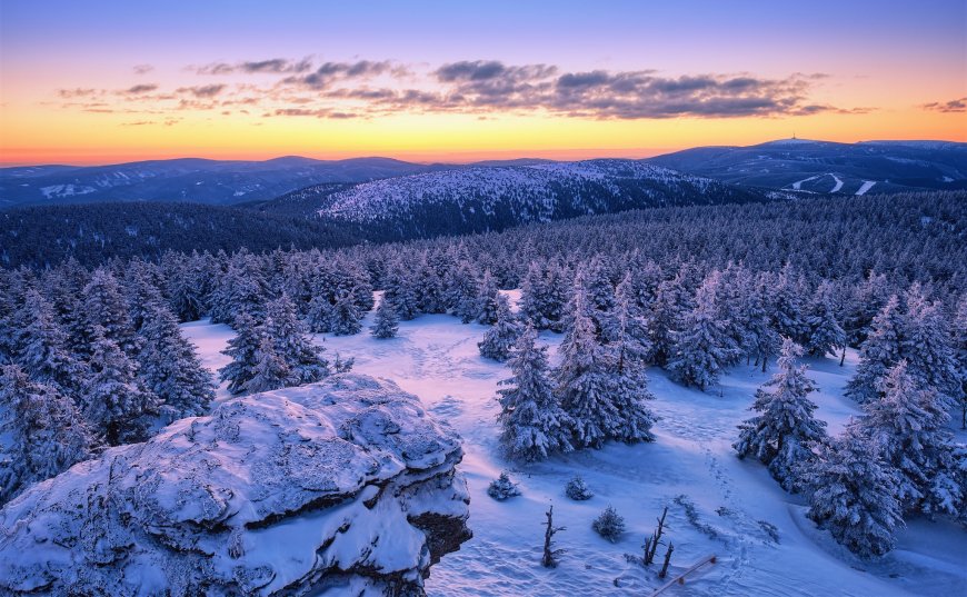 白雪覆盖的山林 夕阳风景图片壁纸