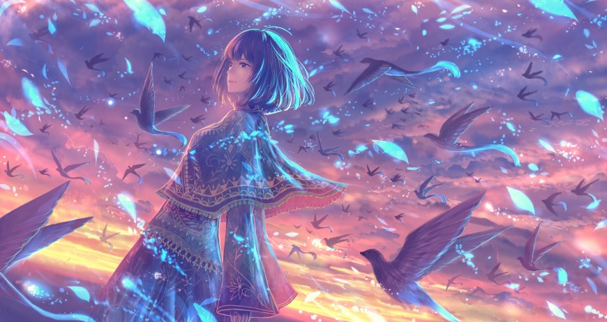 小女孩 鸟动漫图片壁纸