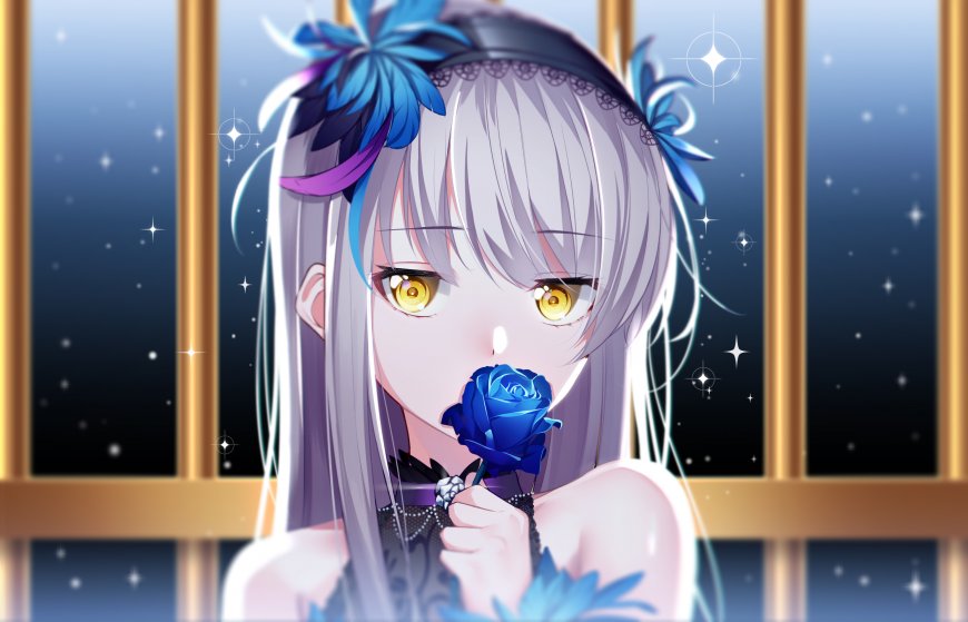 动漫女生 蓝色玫瑰花壁纸图片