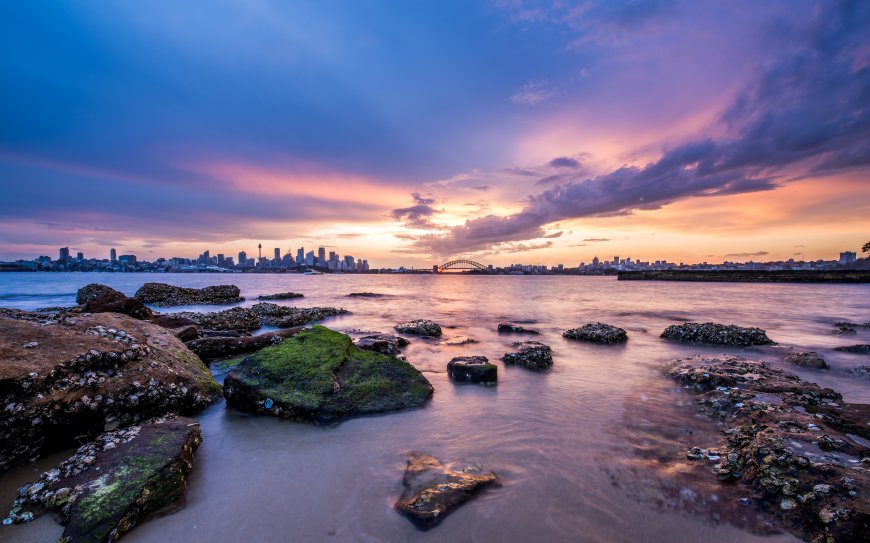 唯美城市 海滩 礁石风景壁纸