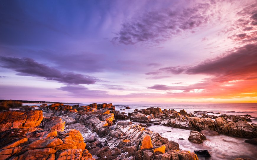 唯美海岸石滩夕阳风景壁纸