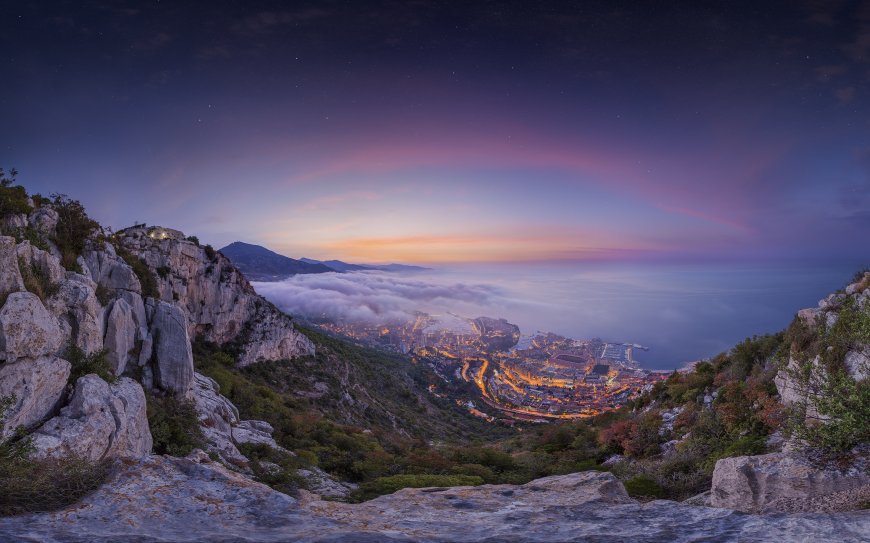 唯美海湾小镇夕阳夜景风景壁纸