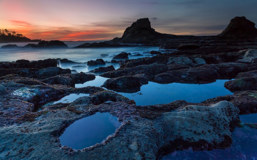 唯美夕阳 海岸 石滩自然风景壁纸