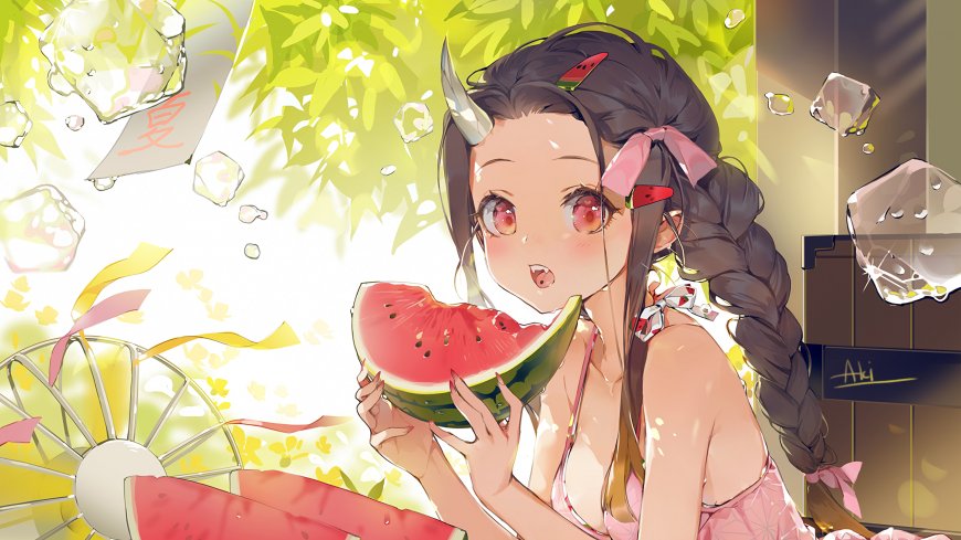 吃西瓜的小女孩可爱动漫壁纸图片