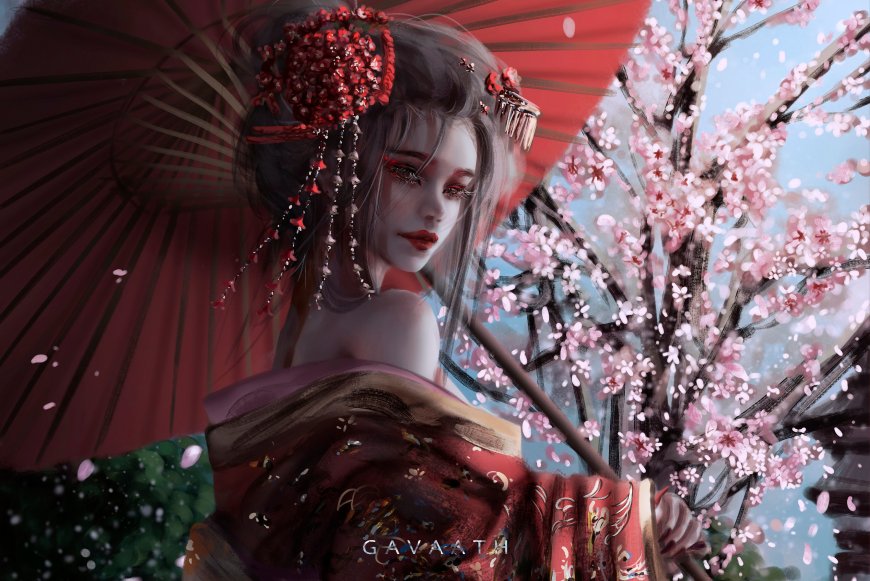 红伞女人 樱花超清手绘插画壁纸