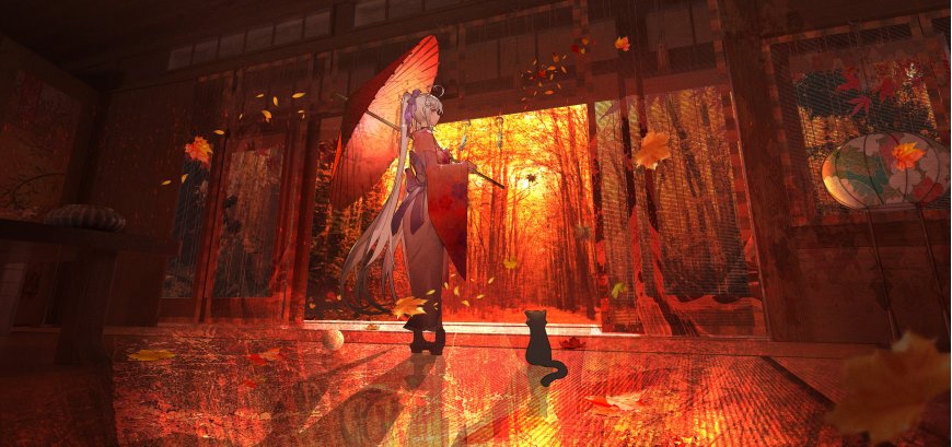 红伞女孩 枫叶动漫壁纸