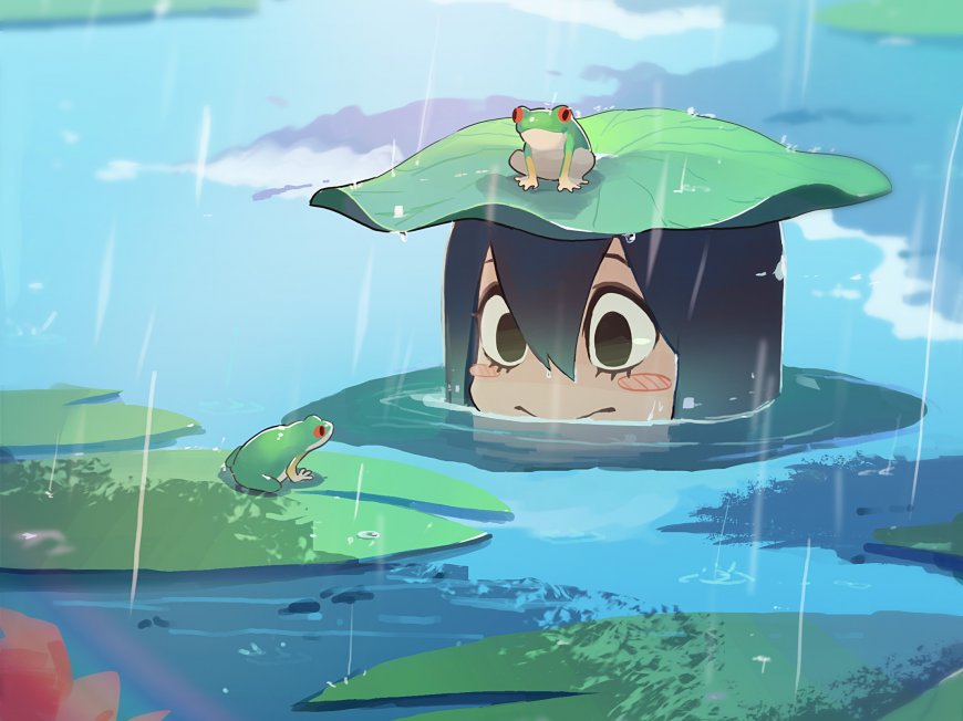 水中小男孩 青蛙 下雨动漫壁纸