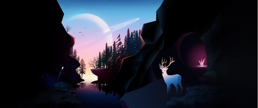 森林河流、小鹿插画桌面壁纸