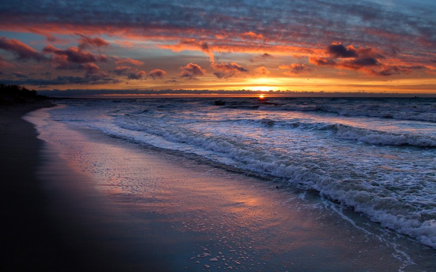 唯美夕阳 海滩浪花壁纸