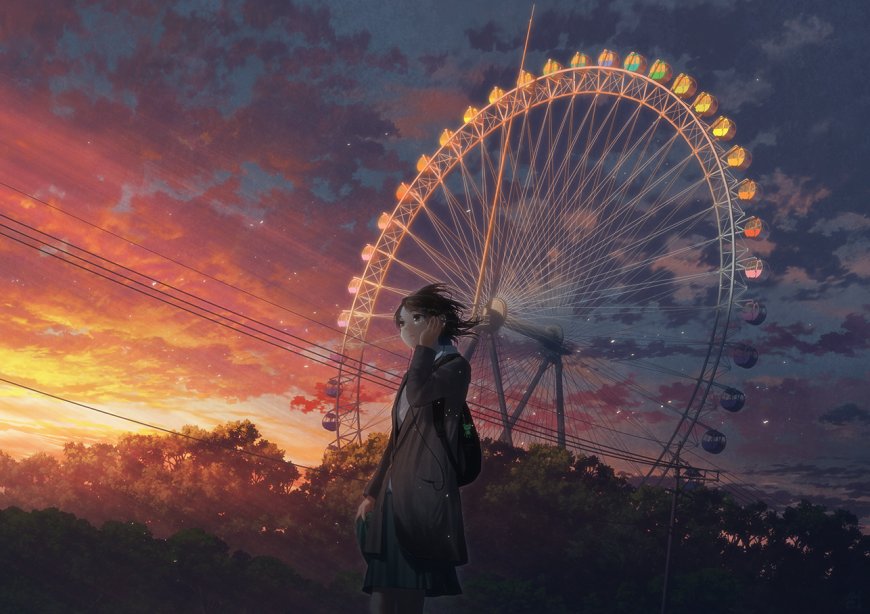 夕阳、女孩、摩天轮动漫壁纸.png