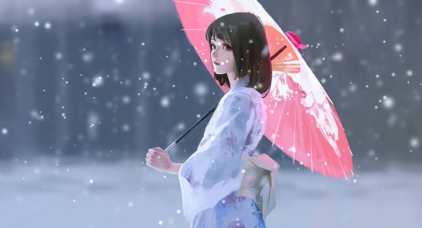 雪中打伞和服少女插画壁纸