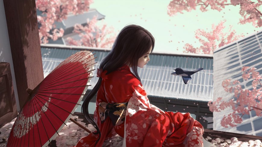 日式古风樱花和服女子动漫插画壁纸