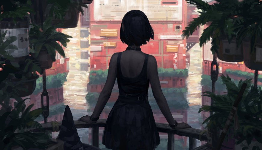 动漫短发女孩背影插画壁纸