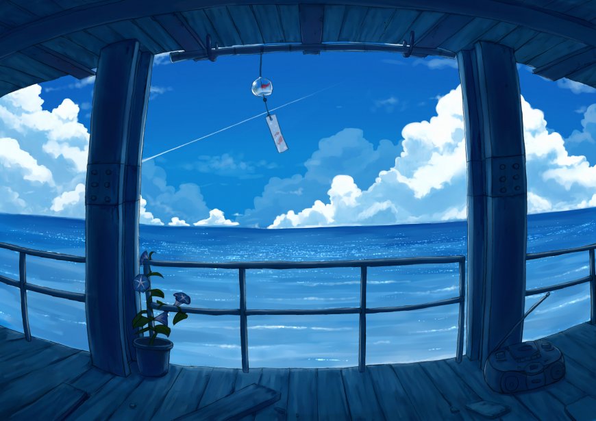 动漫蓝色大海和天空插画壁纸