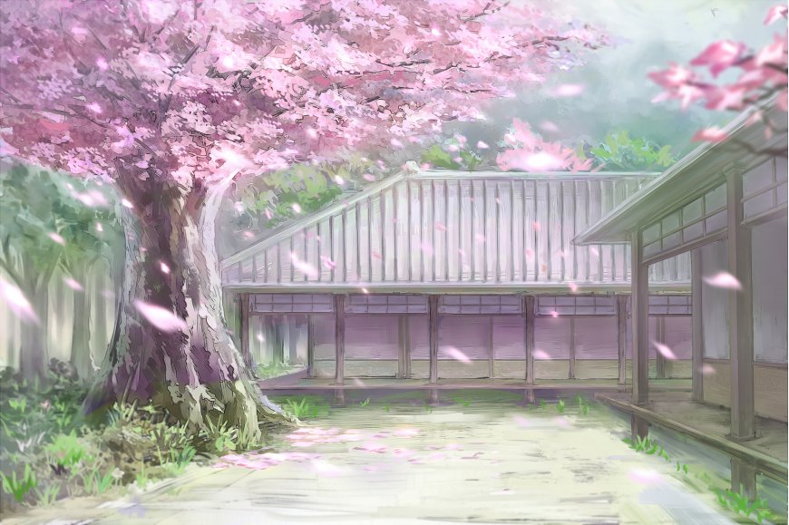 日式庭院 樱花花落浪漫插画壁纸