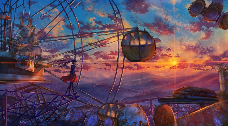 摩天轮上看日落的少女插画壁纸