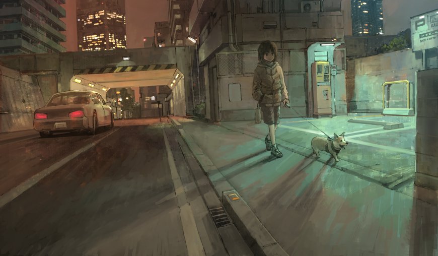 夜晚遛狗少年插画壁纸