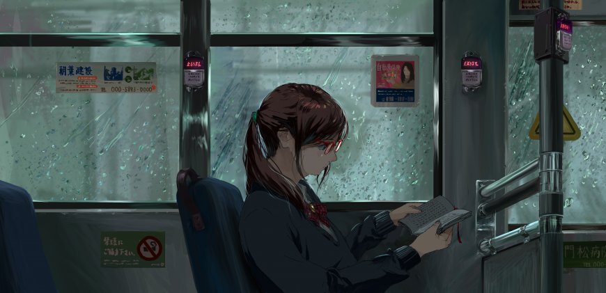 二次元雨天 公交车上的看书少女插画壁纸