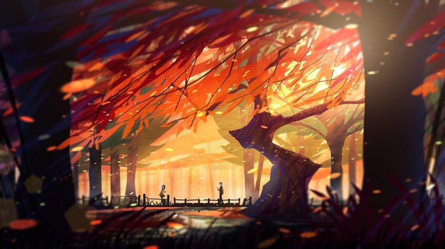 秋季大树下的男女 创意插画壁纸