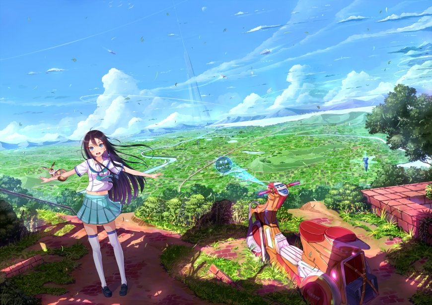 动漫少女蓝天田野风景场景插画壁纸