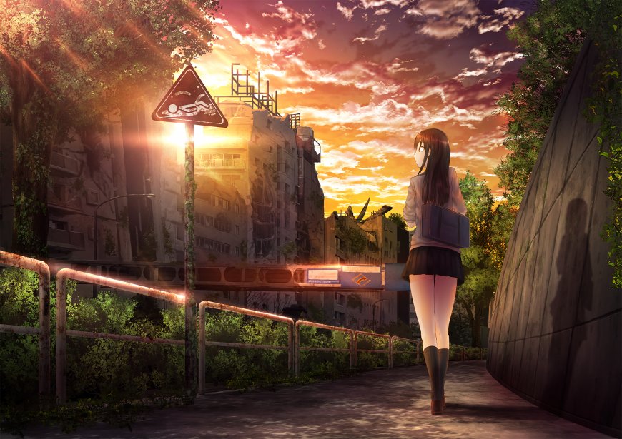 动漫傍晚夕阳少女背影插画壁纸