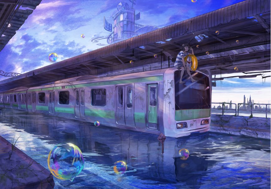 二次元浪漫幻想海上列车插画壁纸