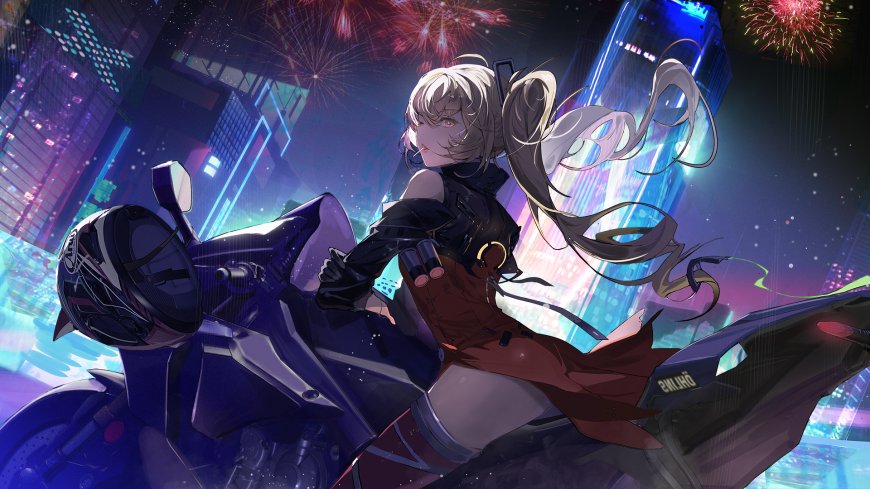 动漫女孩 摩托车 烟花 棒棒糖 夜间 摩天大楼插图壁纸