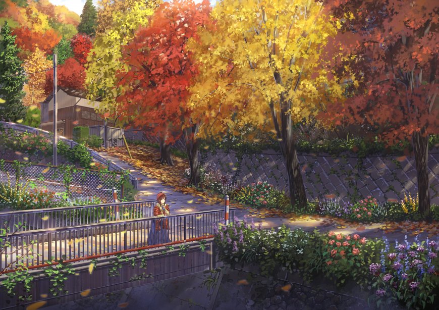 枫叶 女孩 小桥 唯美壁纸