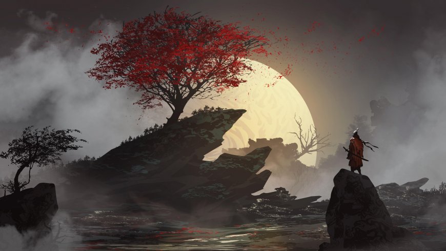 月夜 带刀武士 艺术插图壁纸