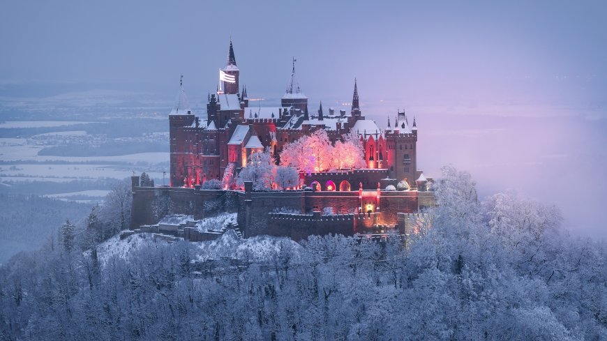 城堡-霍亨索伦-雪-德国-冬天-薄雾 建筑4K壁纸
