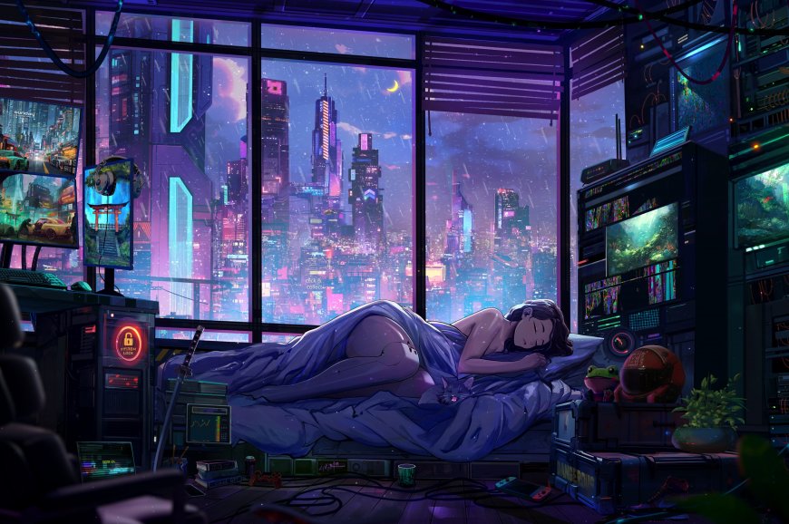 城市景观-月亮-摩天大楼-少女睡眠动漫壁纸