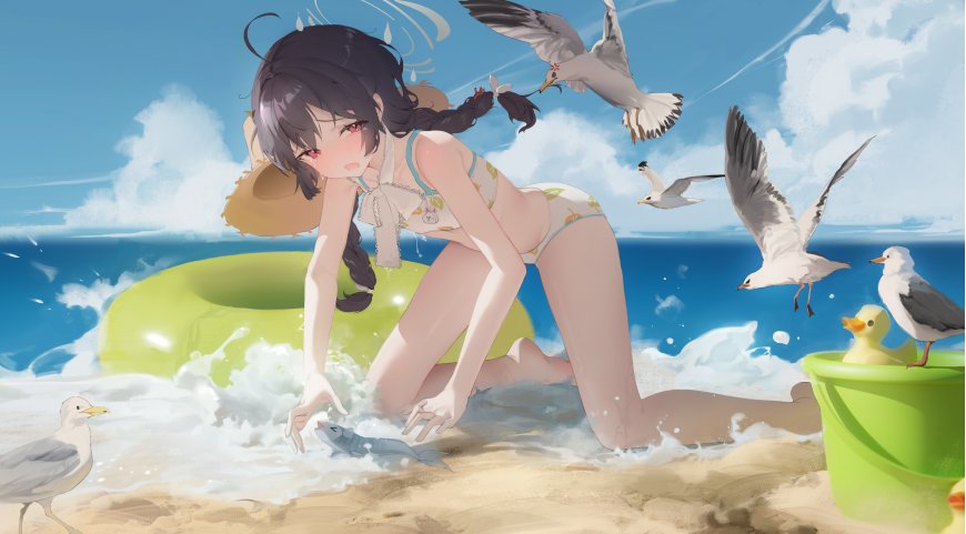 动漫-女孩-比基尼-海滩-海鸥插画壁纸