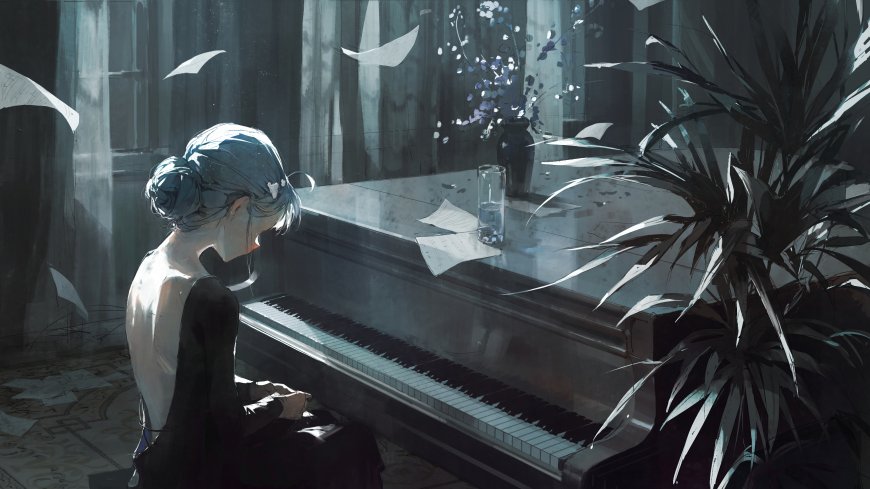 钢琴弹奏 背影 优雅女孩动漫壁纸