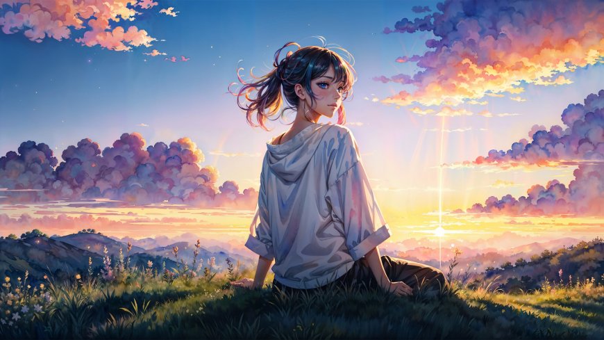 阳光 风景 坐在草地上的动漫女孩壁纸