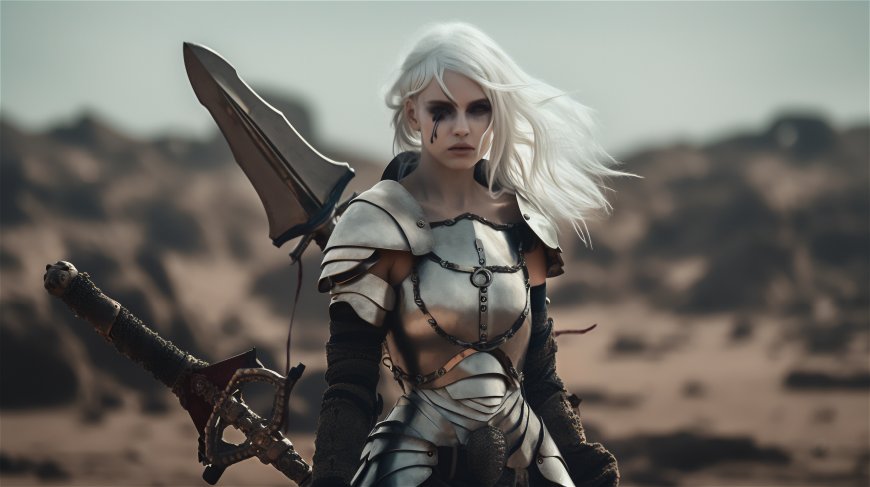 AI艺术-女战士-白发-盔甲-剑-角色扮演壁纸
