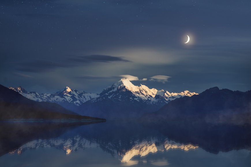 摄影 反射 风景 夜晚 夜景 新西兰 库克山 月亮 山 峰 湖 水 电脑壁纸
