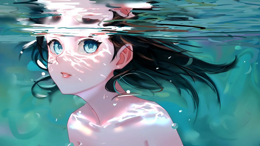 女人 长发 深色头发 蓝眼睛 插图 反射 阳光 气泡 电脑壁纸