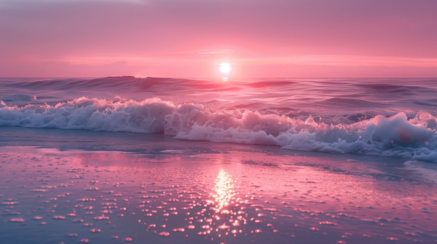 粉色 日落 波浪 海滩 电脑壁纸