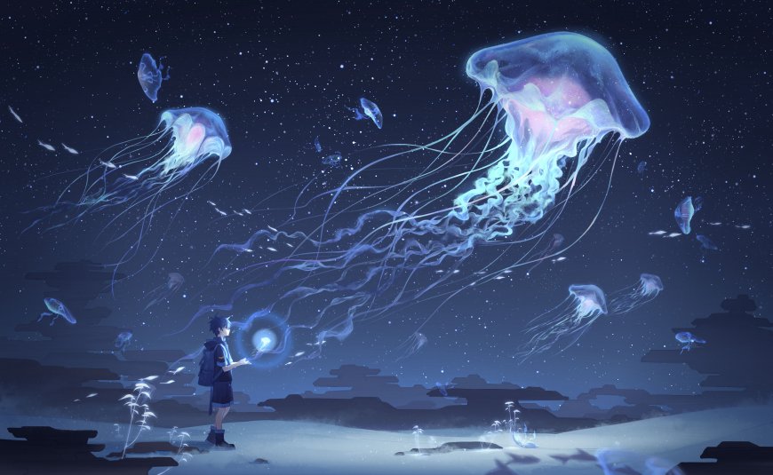 水母 夜晚 天空 云 星星 鱼 明亮 发光